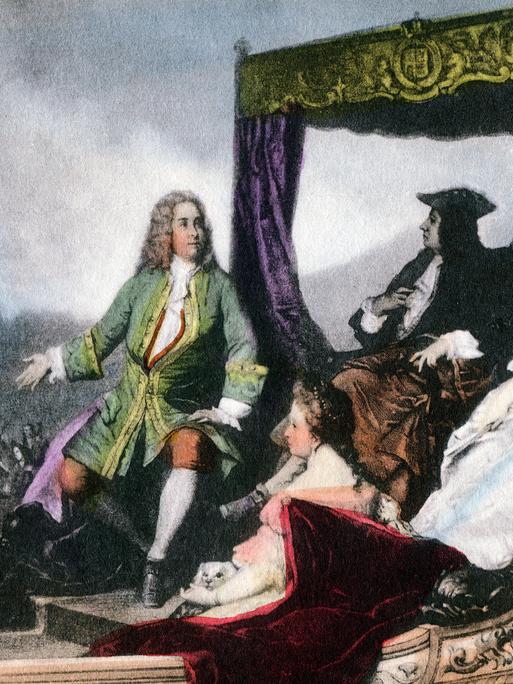 Eine historische Illustration zeigt ein barkenartiges Schiff mit dem britischen Hofstaat um 1715. Im Zentrum des Bildes: Der Komponist Georg Friedrich Händel und der britische König George I..