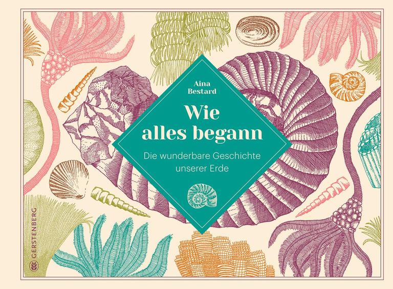 Cover des Kinderbuchs "Wie alles begann": Das querformatige Cover zeigt farbige Illustrationen von Muscheln, Fossilien und Farnen. In der Mitte steht in einer grünblauen Raute der Titel des Buches.