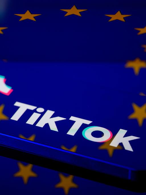 Das TikTok-Logo auf einem Smartphone, dahinter die europäische Flagge Das TikTok-Logo auf einem Smartphone, dahinter die europäische Flagge