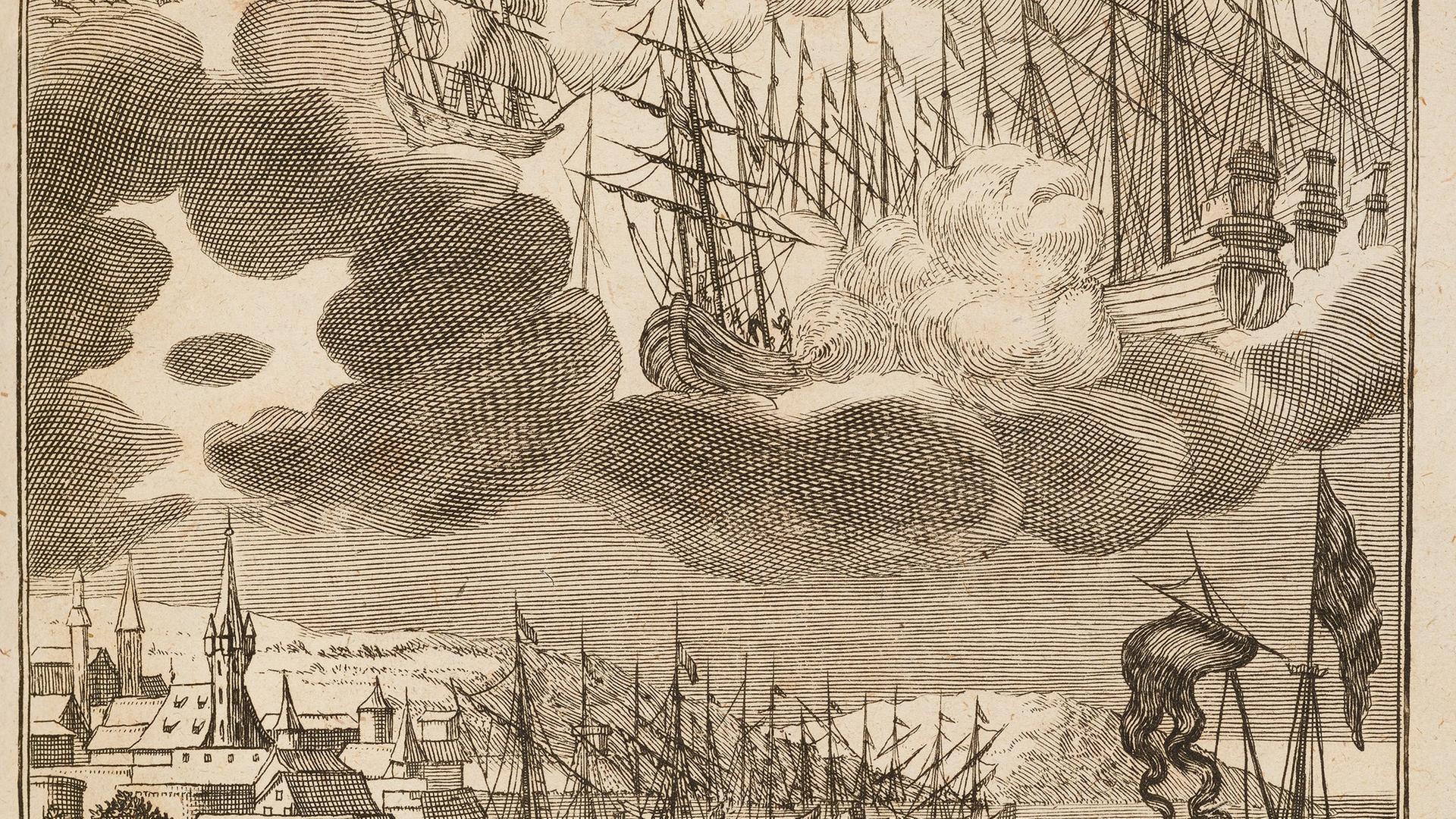 Ein Kupferstich auf dem Schiffe im Himmel und ein rundes Flugobjekt in den Wolken zu sehen sind. Im unteren Teil des Bildes stehen Menschen und gucken in den Himmel.