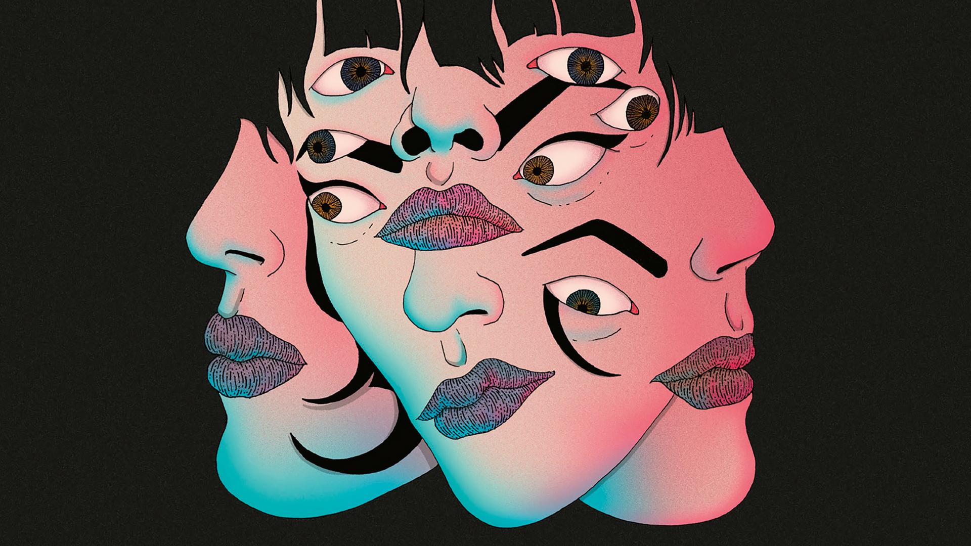 Illustration aus dem Roman "Grelles Licht für darke Leute" von Mariana Enriquez, drei Frauengesichter mit zu vielen verschobenen Augen