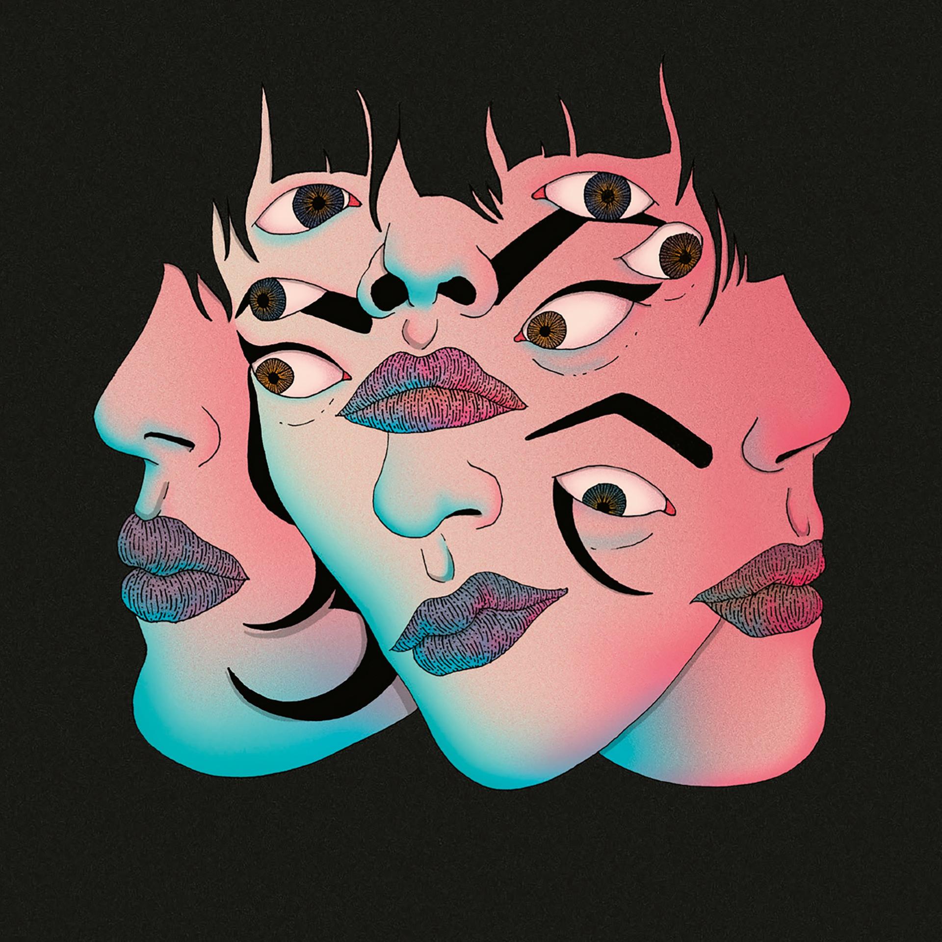 Illustration aus dem Roman "Grelles Licht für darke Leute" von Mariana Enriquez, drei Frauengesichter mit zu vielen verschobenen Augen