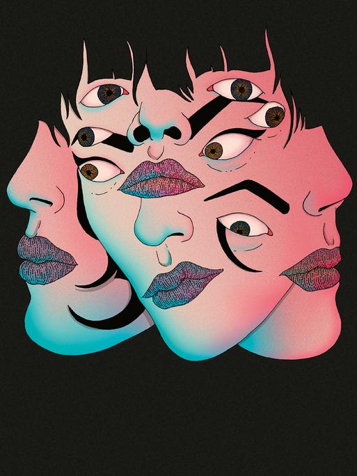 Illustration aus dem Roman "Grelles Licht für darke Leute" von Mariana Enriquez, drei Frauengesichter mit zu vielen verschobenen Augen
