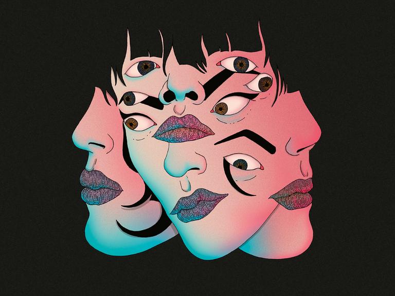 Illustration aus dem Roman "Grelles Licht für darke Leute" von Mariana Enriquez, drei Frauengesichter mit zu vielen verschobenen Augen