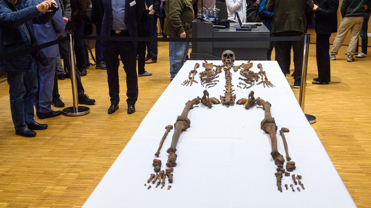 Teilnehmer einer Pressekonferenz stehen im Hörsaal auf dem Campus der Universitätsmedizin Magdeburg am Tisch mit den Gebeinen Otto des Großen. 