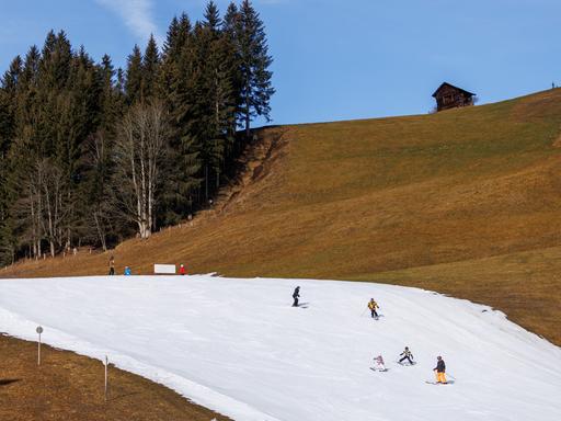 Skifahrer fahren über eine präparierte Skipiste. Drumherum ist alles schneefrei. 