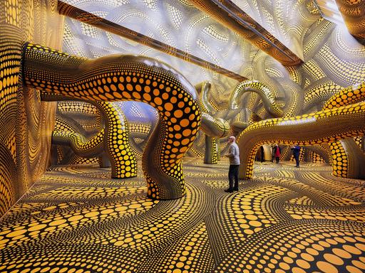 Besucher der Ausstellung im Kölner Museum Ludwig gehen durch das Werk "Infinity Mirrored Room" der legendären japanischen Künstlerin Yayoi Kusama.