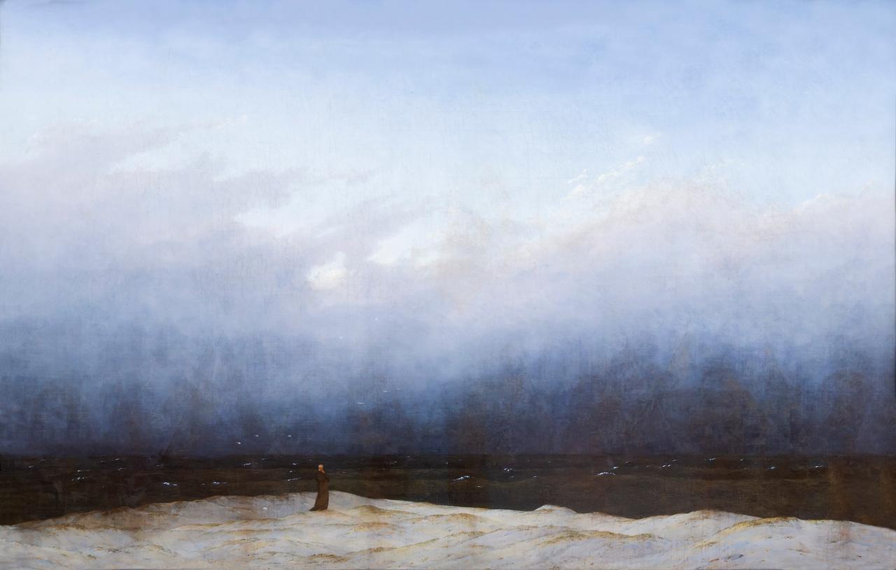 Caspar David Friedrichs Gemälde "Mönch am Meer" zeigt eine Figur in der Dämmerung am Strand stehend, die winzig wirkt unter einem riesigen Himmel  Credit:Peter Barritt / Avalon
