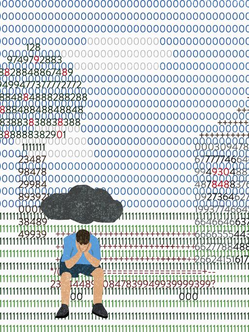 Illustration: Ein deprimierter kleiner Mensch sitzt unter einer schwarzer Wolke in einer Zahlen-Landschaft.