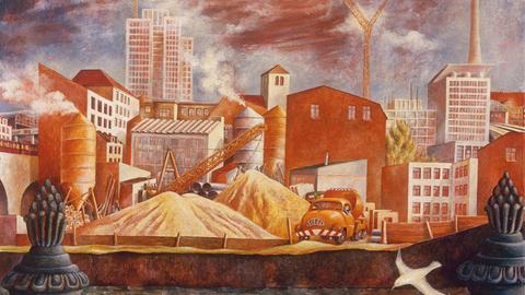 Ein Werk von Petra Flemming: Aufbau an der Spree, 1970. Mischtechnik auf Hartfaserplatte, 60 x 80 cm. Aus dem Nachlass der Kuenstlerin. Das Bild ist in Orangetönen gehalten und es sind Fabrik- bzw. Werksgebäude zu sehen.