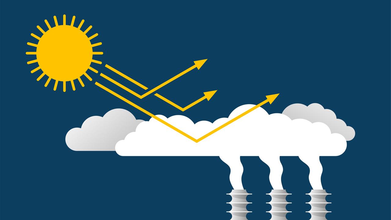 Eine Illustration wie Solar Engineering funktionieren kann. Sonnestrahlen treffen auf Wolken, die die Strahlen reflektieren und so gar nicht erst auf die Erde kommen lassen.