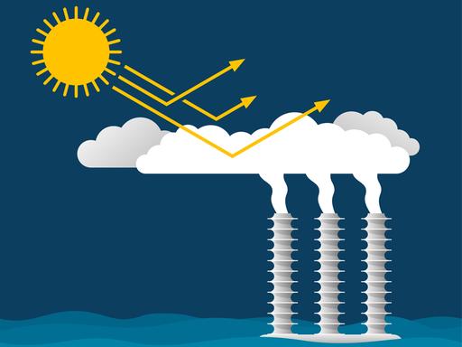 Eine Illustration wie Solar Engineering funktionieren kann. Sonnestrahlen treffen auf Wolken, die die Strahlen reflektieren und so gar nicht erst auf die Erde kommen lassen.