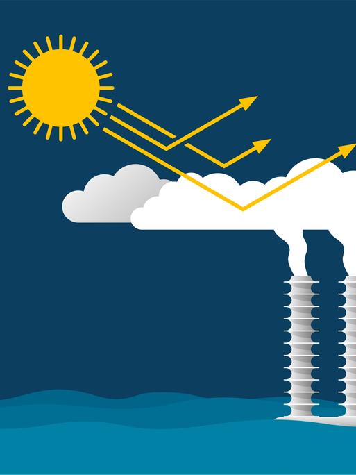 Eine Illustration wie Solar Engineering funktionieren kann. Sonnestrahlen treffen auf Wolken, die die Strahlen reflektieren und so gar nicht erst auf die Erde kommen lassen.