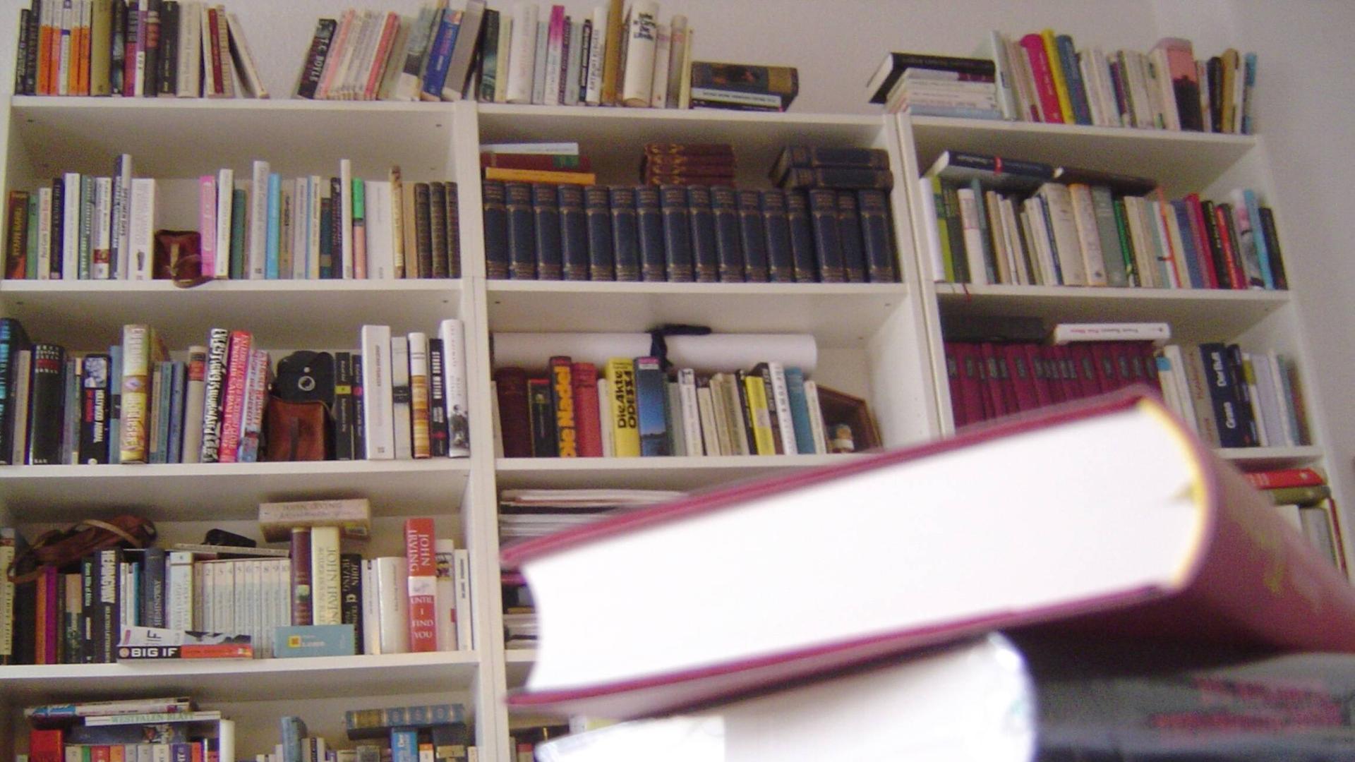 Ein Stapel Bücher vor einem Bücherregal. Ein Stapel Bücher vor einem Bücherregal.