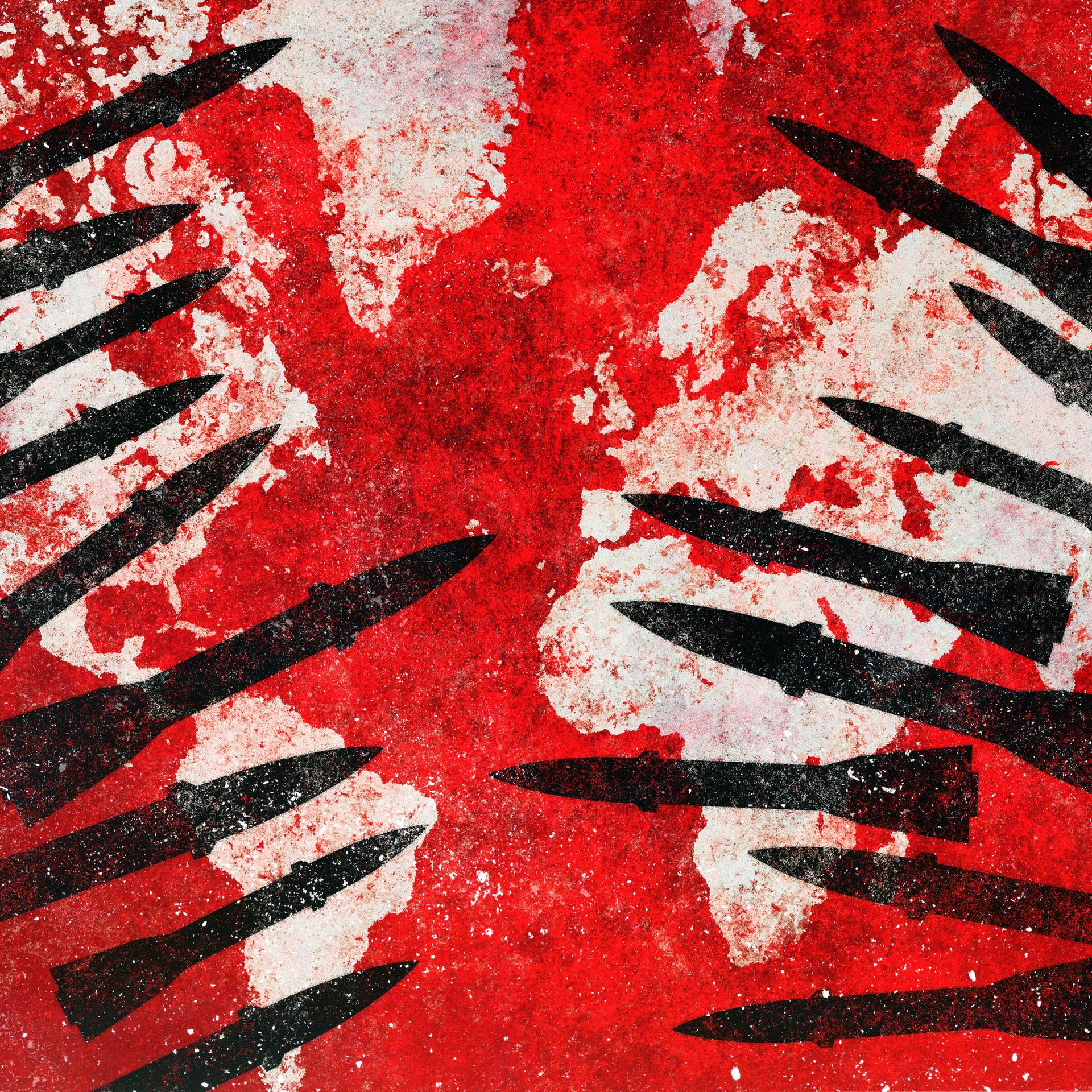 Illustration: Zahlreiche schwarze Raketen mit Sprengköpfen über einer Weltkarte. Die Meere sind rot eingefärbt.