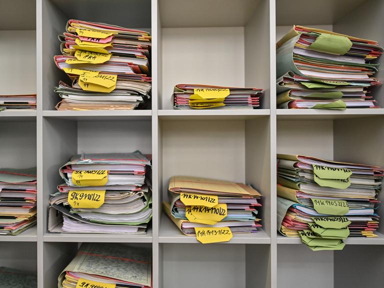 Mehrere Stapel mit Akten liegen in einem Regal.