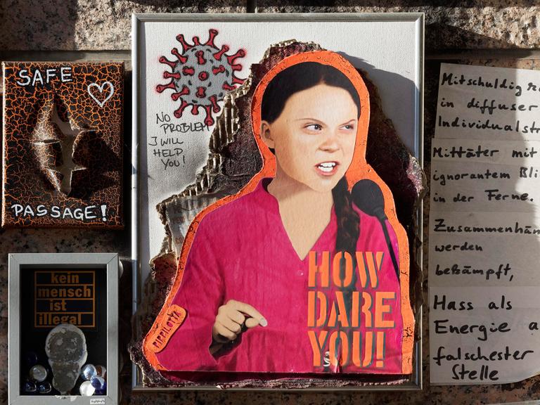 Kunst-Collage mit Porträt von Greta Thunberg und dem Schriftzug "How dare you".