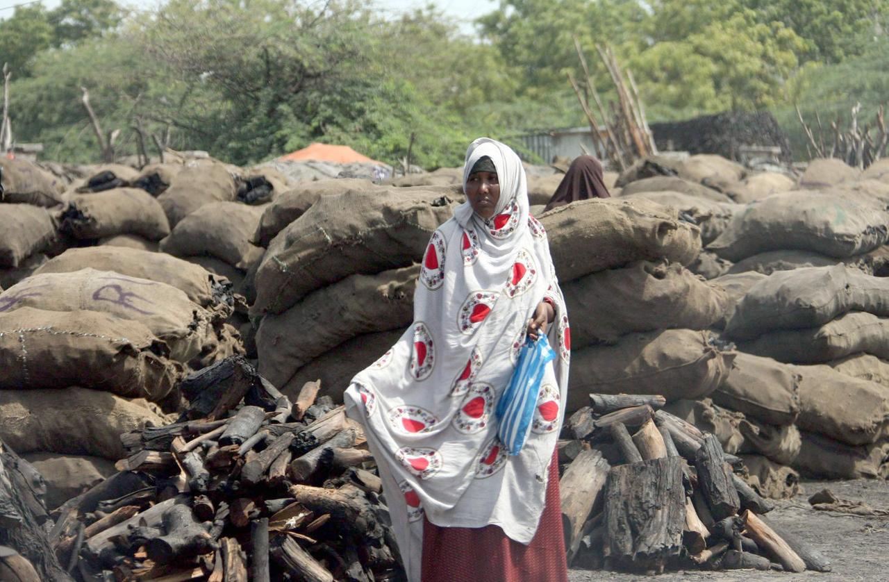 Eine Frau in Somalia vor Säcken mit Holzkohle. ++