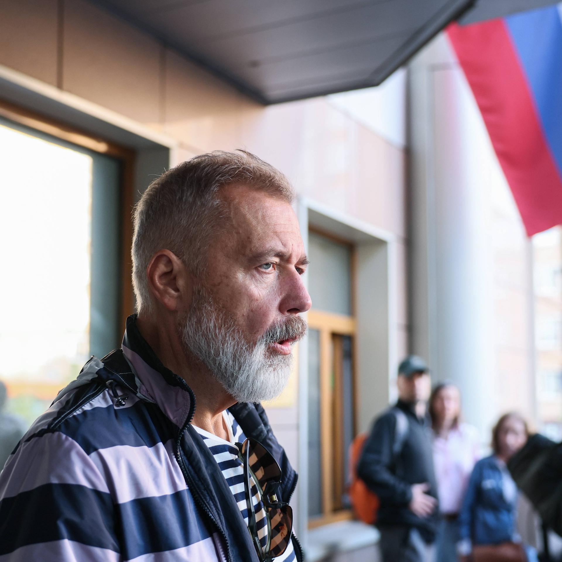 RUSSIA, MOSCOW - SEPTEMBER 3, 2026: Dmitry Muratov designated as a foreign agent in Russia, chief editor of the Novaya Gazeta media license annulled in Russia, appears near the Simonov District Court.