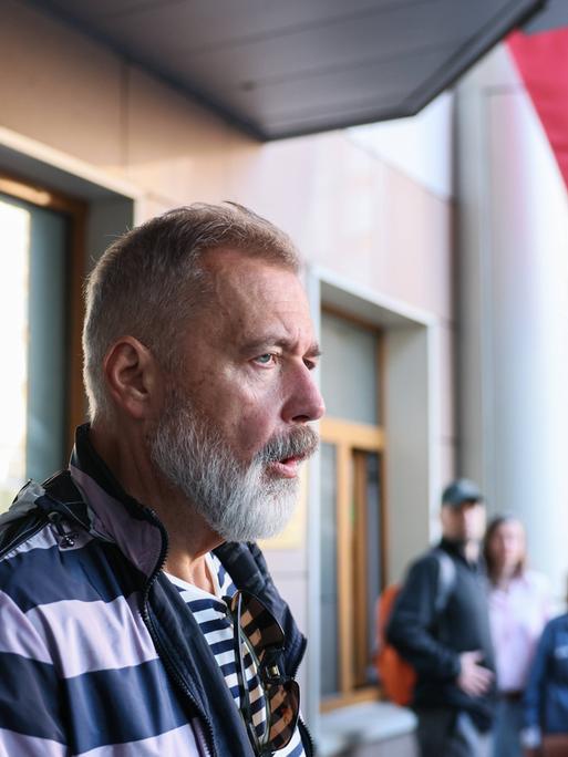 RUSSIA, MOSCOW - SEPTEMBER 3, 2026: Dmitry Muratov designated as a foreign agent in Russia, chief editor of the Novaya Gazeta media license annulled in Russia, appears near the Simonov District Court.