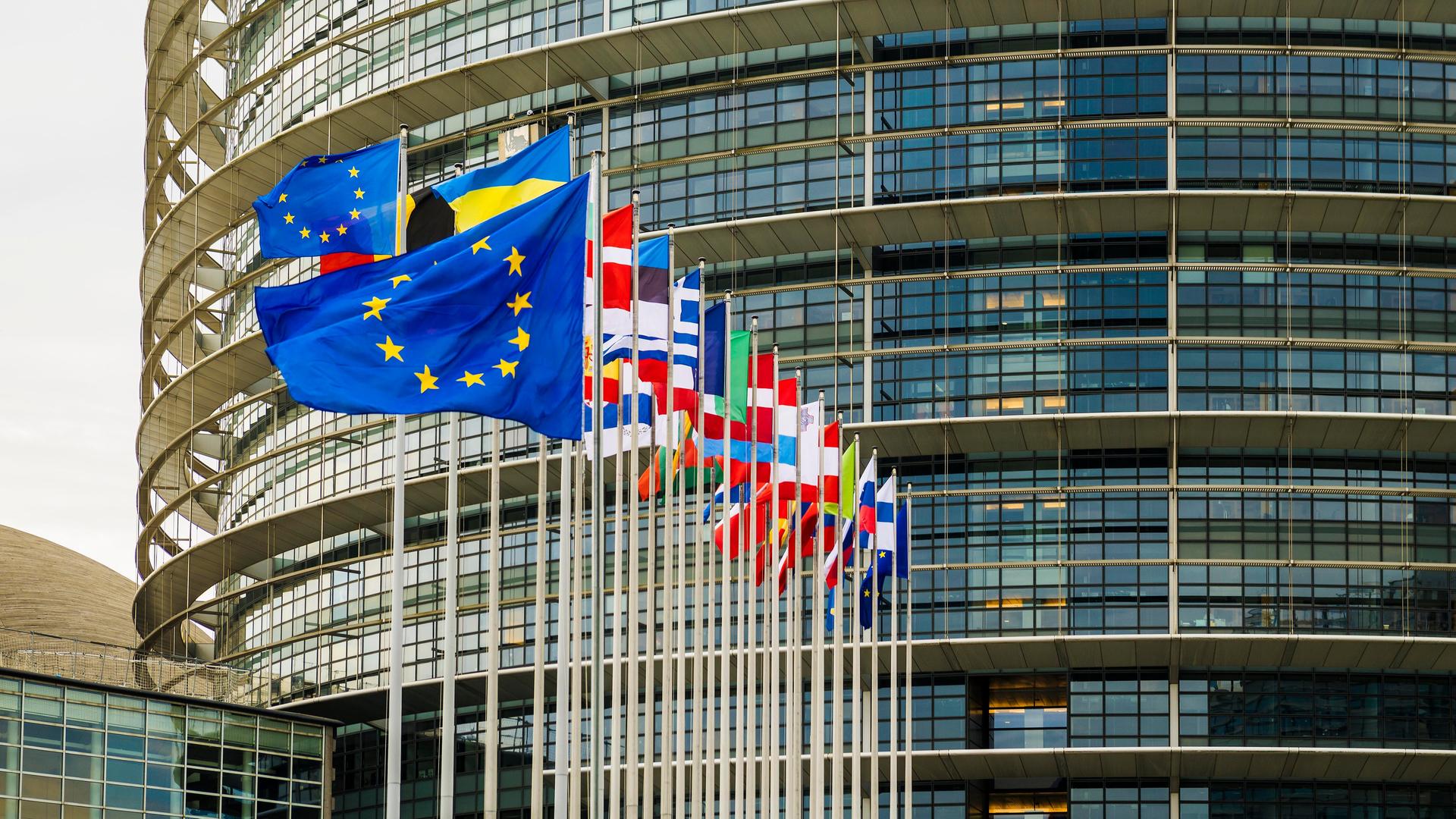 Die Europaflagge und mehrere Länderflaggen vor dem EU-Parlament in Straßburg