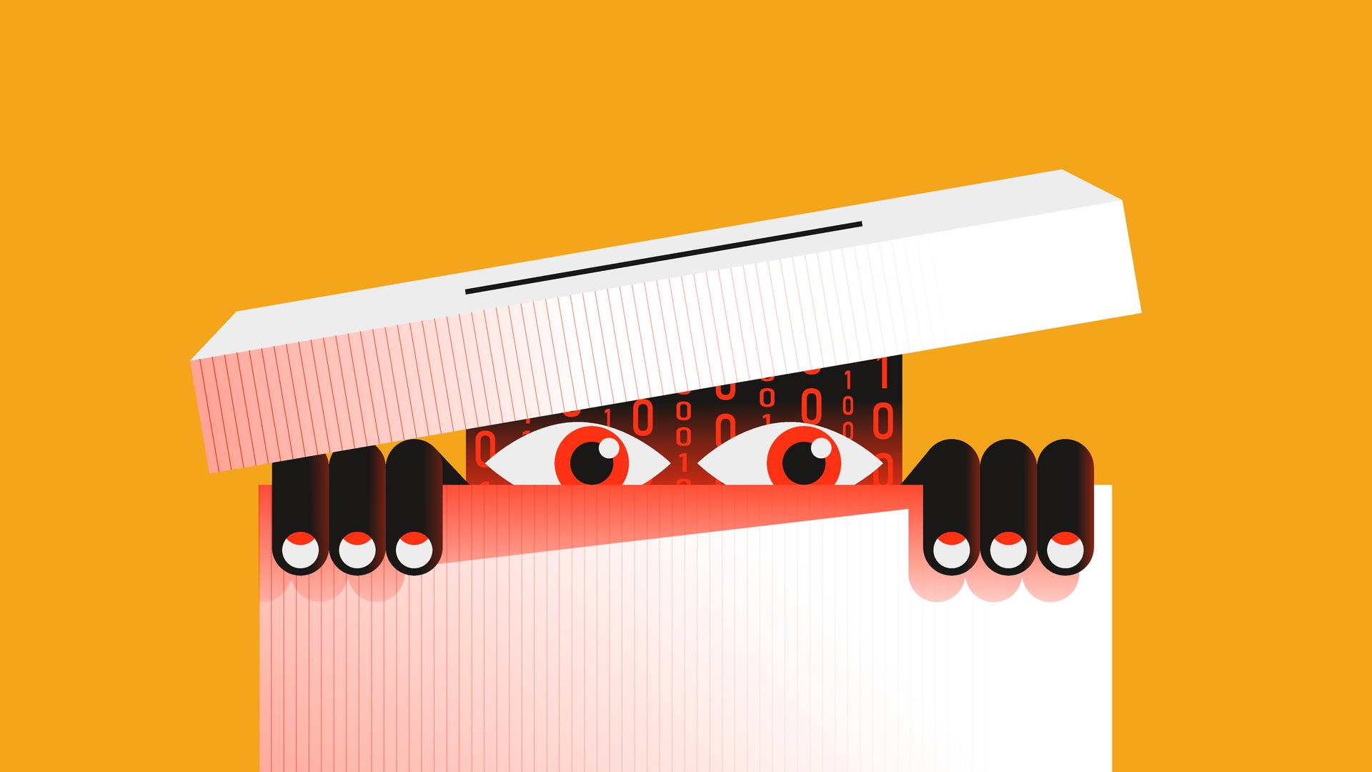Illustration: zwei Augen einer Figur aus Einsen und Nullen schaut aus einer Wahurne. Illustration: zwei Augen einer Figur aus Einsen und Nullen schaut aus einer Wahurne.