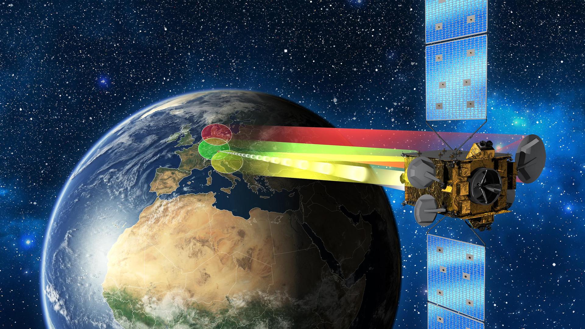 Illustration des Satelliten Heinrich Hertz, welcher 15 Jahre lang in der geostationären Umlaufbahn im Einsatz sein soll. Er kann seine Antennen gezielt auf verschiedene Bereiche auf der Erde ausrichten (Illustration). 