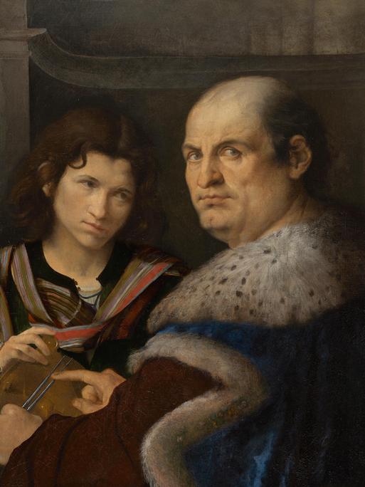 Das Doppel-Bildnis von Giorgione zeigt eine junge Frau, die einen Mann mit Glatze anblickt. Der Mann schaut den Maler an. 