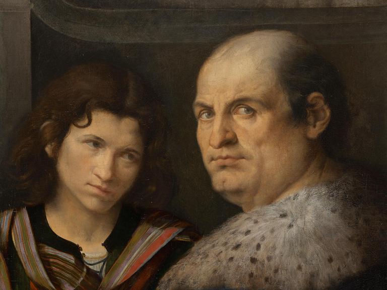 Das Doppel-Bildnis von Giorgione zeigt eine junge Frau, die einen Mann mit Glatze anblickt. Der Mann schaut den Maler an. 