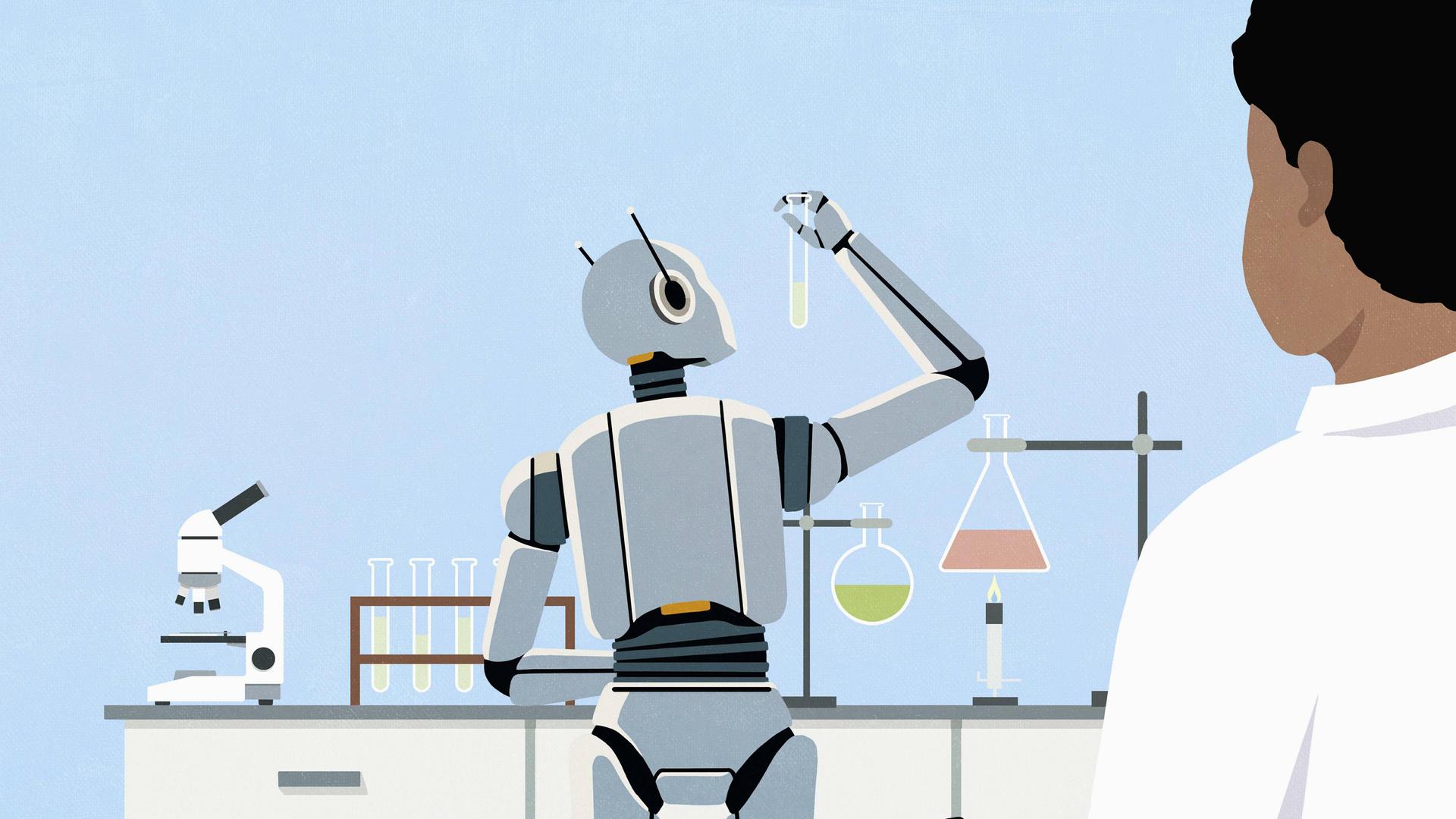 Illustration:Ein männlicher Wissenschaftler beobacht einen humanoiden Roboter der in einem Forschungslabor mit Reagenzgläsern hantiert. Illustration:Ein männlicher Wissenschaftler beobacht einen humanoiden Roboter der in einem Forschungslabor mit Reagenzgläsern hantiert.