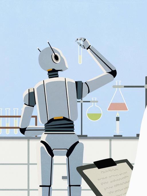 Illustration: Ein männlicher Wissenschaftler beobacht einen humanoiden Roboter, der in einem Forschungslabor mit Reagenzgläsern hantiert.