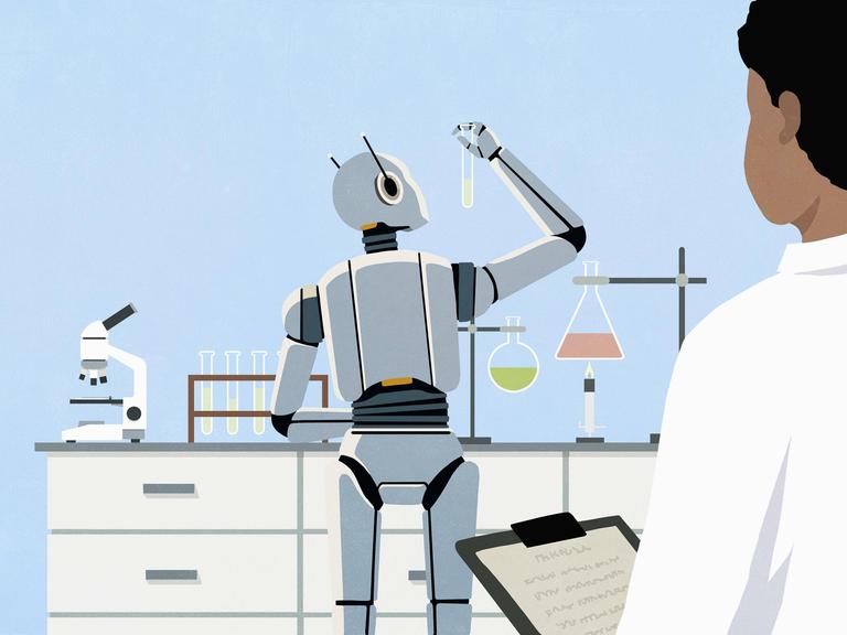 Illustration: Ein männlicher Wissenschaftler beobacht einen humanoiden Roboter, der in einem Forschungslabor mit Reagenzgläsern hantiert.