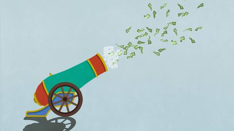 Geld fliegt aus einer Kanone