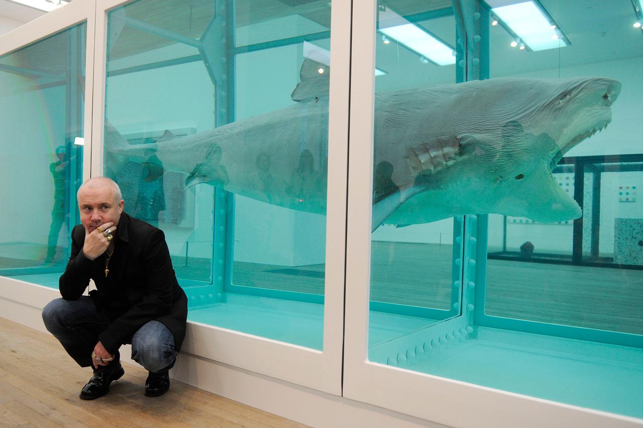 Der britische Künstler Damien Hirst vor einem seiner Kunstwerke, bei dem ein Haifisch in einer Vitrine zu sehen ist. 