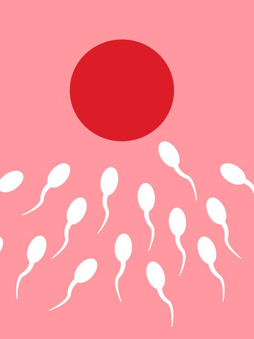 Illustration zeigt Spermien, die sich in Richtung einer roten Kreises bewegen.