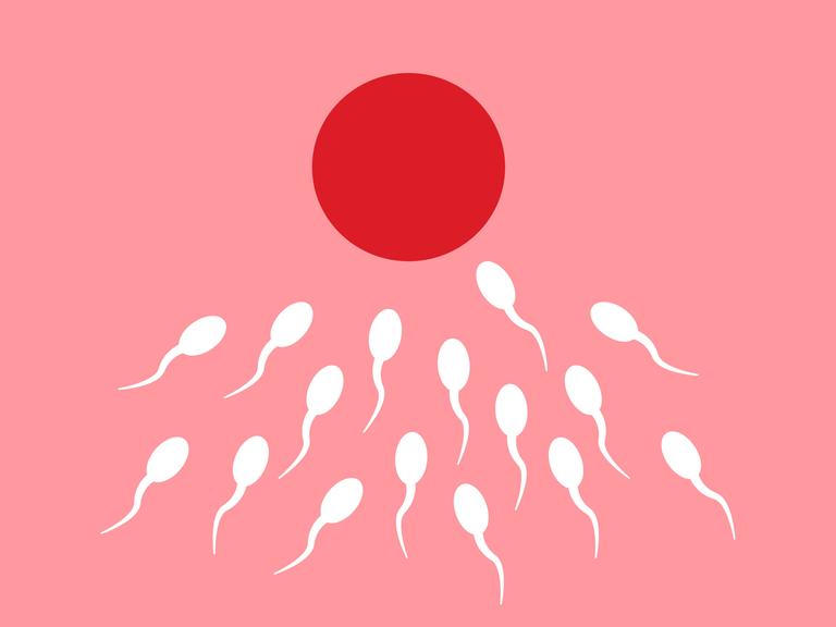 Illustration zeigt Spermien, die sich in Richtung einer roten Kreises bewegen.