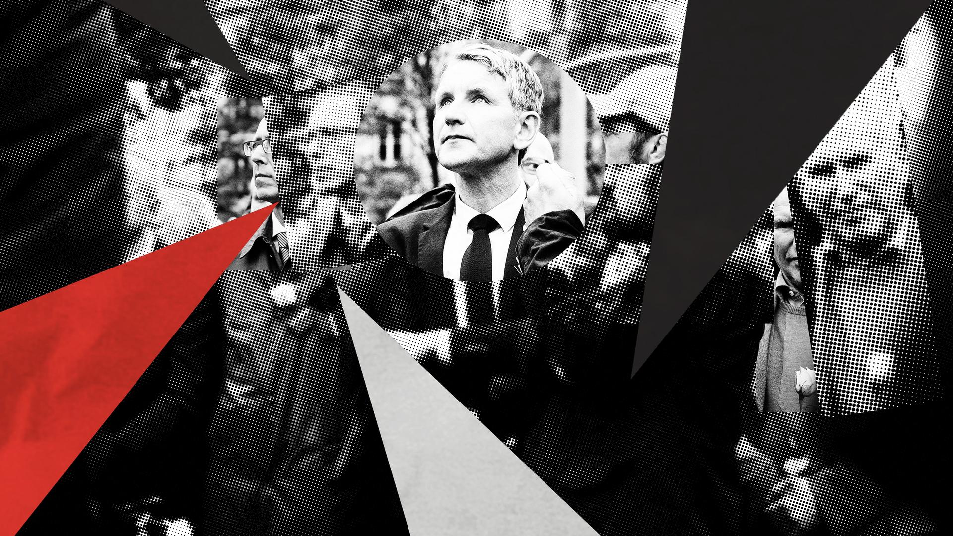 Illustration zur 4. Folge der Doku-Serie „Deutsches Denken“. Das Hintergrundbild zeigt Björn Höcke (AfD) bei einem Schweigemarsch von AfD und PEGIDA. Das Bild ist mit Halbtoneffekt und Dreieckswimpeln in schwarz, weiß und rot zu einer Collage bearbeitet. Illustration zur 4. Folge der Doku-Serie „Deutsches Denken“. Das Hintergrundbild zeigt Björn Höcke (AfD) bei einem Schweigemarsch von AfD und PEGIDA. Das Bild ist mit Halbtoneffekt und Dreieckswimpeln in schwarz, weiß und rot zu einer Collage bearbeitet.