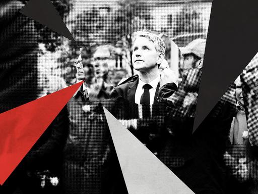Illustration zur 4. Folge der Doku-Serie „Deutsches Denken“. Das Hintergrundbild zeigt Björn Höcke (AfD) bei einem Schweigemarsch von AfD und PEGIDA. Das Bild ist mit Halbtoneffekt und Dreieckswimpeln in schwarz, weiß und rot zu einer Collage bearbeitet.