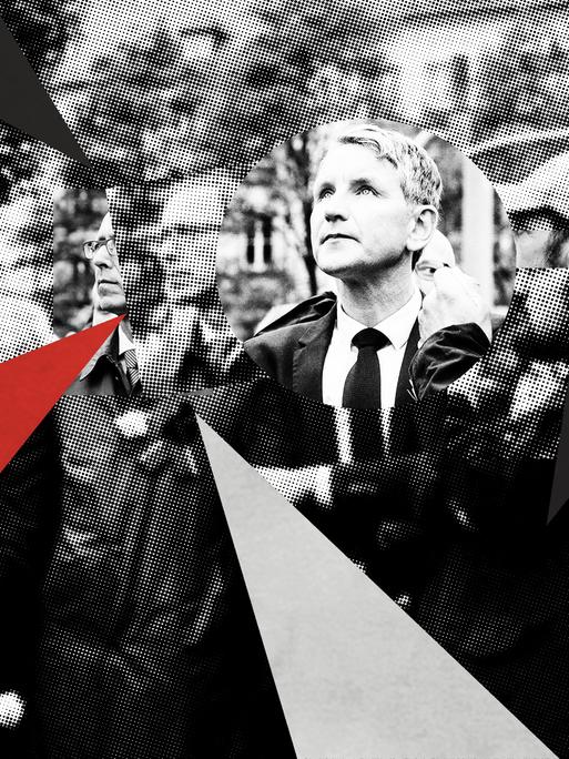 Illustration zur 4. Folge der Doku-Serie „Deutsches Denken“. Das Hintergrundbild zeigt Björn Höcke (AfD) bei einem Schweigemarsch von AfD und PEGIDA. Das Bild ist mit Halbtoneffekt und Dreieckswimpeln in schwarz, weiß und rot zu einer Collage bearbeitet.