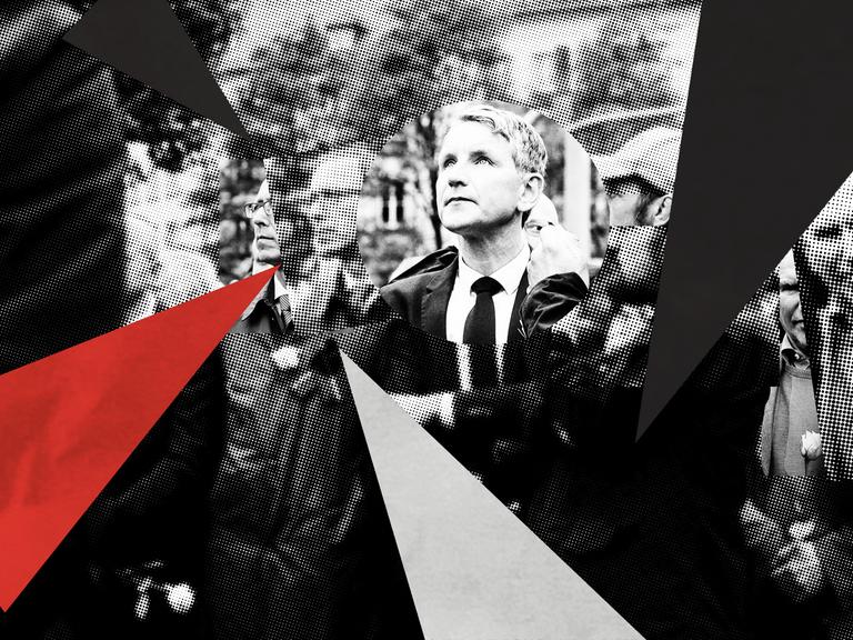 Illustration zur 4. Folge der Doku-Serie „Deutsches Denken“. Das Hintergrundbild zeigt Björn Höcke (AfD) bei einem Schweigemarsch von AfD und PEGIDA. Das Bild ist mit Halbtoneffekt und Dreieckswimpeln in schwarz, weiß und rot zu einer Collage bearbeitet.