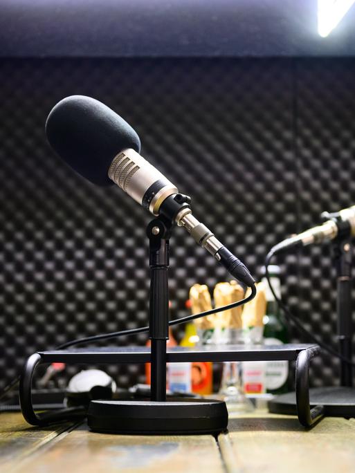 Zwei Podcast-Mikrofone stehen in einem Tonstudio auf einem Tisch.