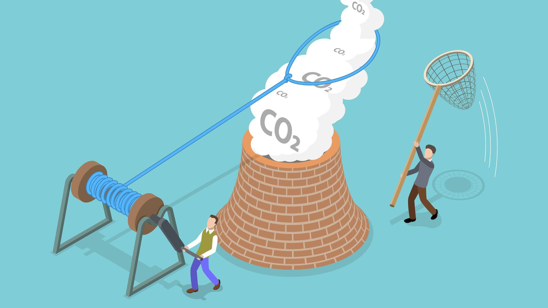 Isometrische Illustration im schlichten Stil eines Industriekamins, der mit "Co2" beschriftete Wolken ausstößt. Daneben versuchen zwei Figuren, das Co2 mit unterschiedlichen Methoden wieder einzufangen