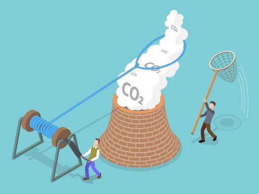 Isometrische Illustration im schlichten Stil eines Industriekamins, der mit "Co2" beschriftete Wolken ausstößt. Daneben versuchen zwei Figuren, das Co2 mit unterschiedlichen Methoden wieder einzufangen