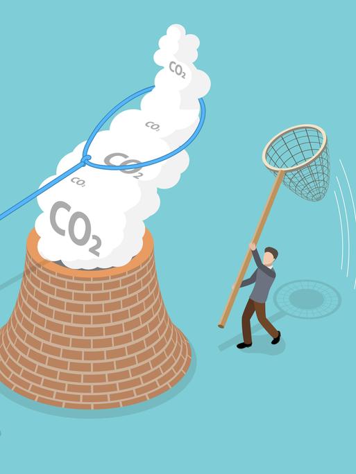 Isometrische Illustration im schlichten Stil eines Industriekamins, der mit "Co2" beschriftete Wolken ausstößt. Daneben versuchen zwei Figuren, das Co2 mit unterschiedlichen Methoden wieder einzufangen Isometrische Illustration im schlichten Stil eines Industriekamins, der mit "Co2" beschriftete Wolken ausstößt. Daneben versuchen zwei Figuren, das Co2 mit unterschiedlichen Methoden wieder einzufangen