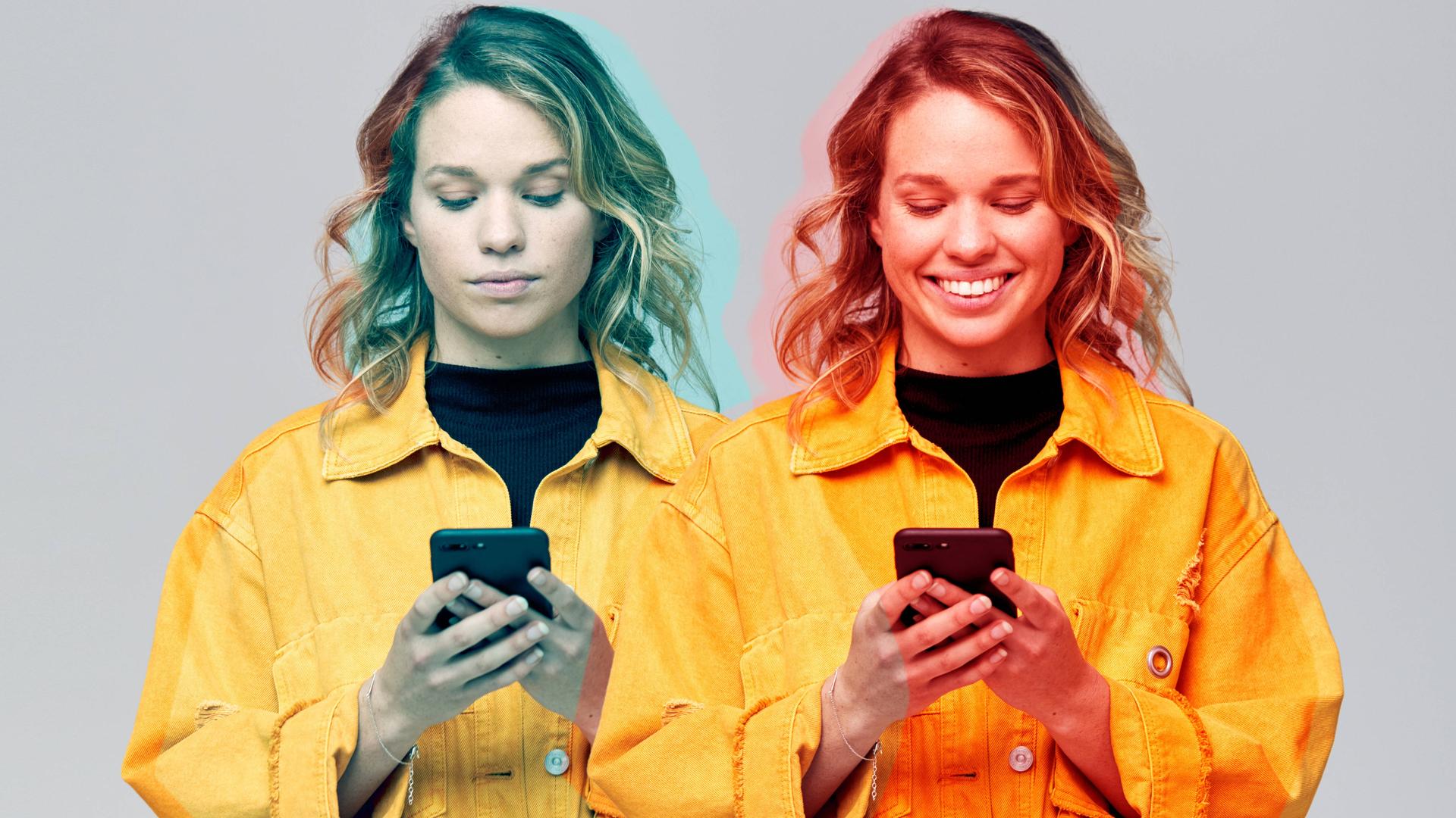 Das Bild zeigt zweimal dieselbe Frau, die auf ihr Smartphone blickt - einmal mit ernstem Gesicht, dann lächelnd. Das Bild zeigt zweimal dieselbe Frau, die auf ihr Smartphone blickt - einmal mit ernstem Gesicht, dann lächelnd.
