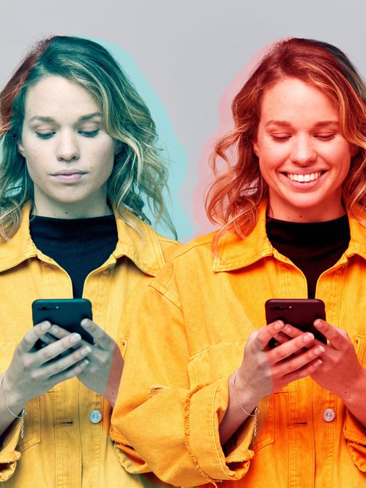 Das Bild zeigt zweimal dieselbe Frau, die auf ihr Smartphone blickt - einmal mit ernstem Gesicht, dann lächelnd.