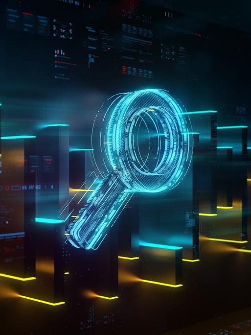 Digital gerendertes Bild einer blau glühenden Lupe.