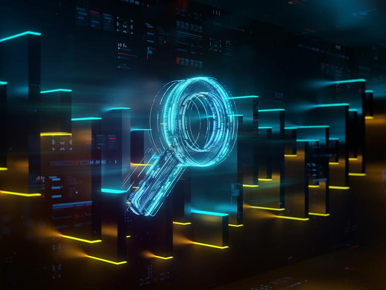 Digital gerendertes Bild einer blau glühenden Lupe.