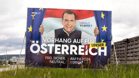 Ein Wahlplakat steht auf einer Wiese. Es zeigt Harald Vilimsky, der einen Vorhang mit dem EU-Emblem öffnet. 
