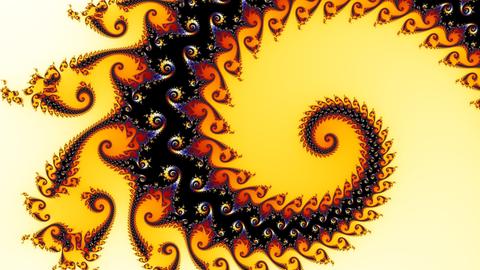 Eine Spirale, deren Rand selbst aus lauter Spiralen besteht. Ein sogenanntes Fraktal, basierend auf der Mandelbrot-Menge.